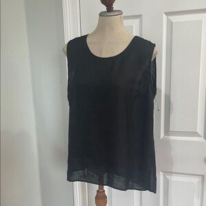 New Caroline rose 100% linen semi Sheer Black pullover Blouse scoop neck slits M
